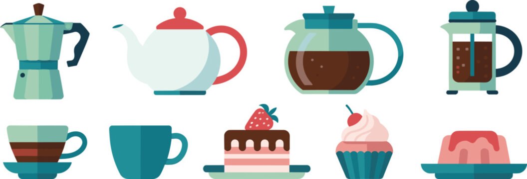 Coffee and tea collection with moka pot, teapot, French press, cups, cake, cupcake, and gelatin dessert vector design