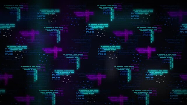 Neon digital data stream background, with glowing cybernetic, code patterns and hud