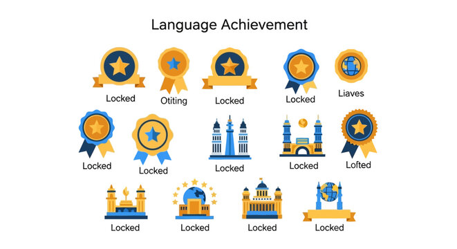 Language Achievement Badges and Rewards Icon Set for Educational Apps and Gamification