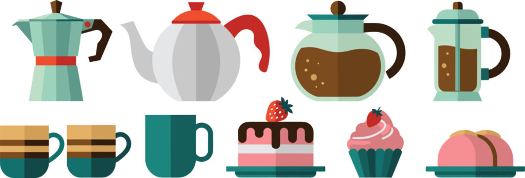 Coffee and tea set with moka pot, teapot, French press, cups, cake, cupcake, and pastries in colorful vector design