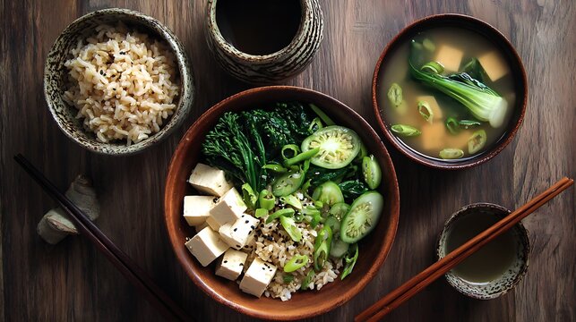 Overhead shot of Asian-inspired dishes in rustic bowls on a wooden surface