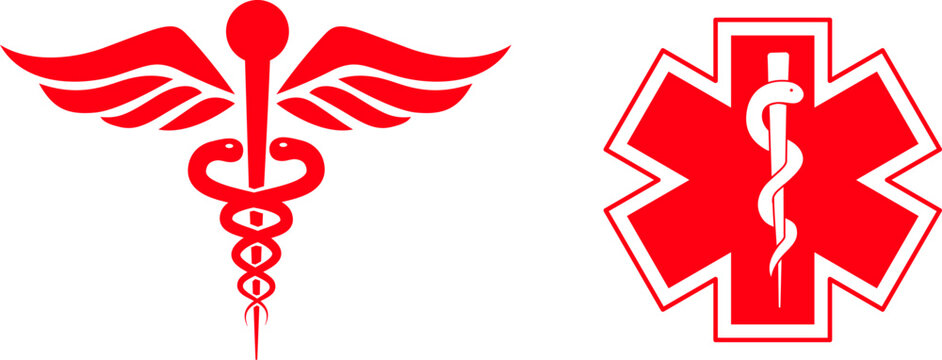 Red Caduceus and Star of Life vector emblems, classic medical icons for healthcare and emergency services, professional design elements isolated on white background