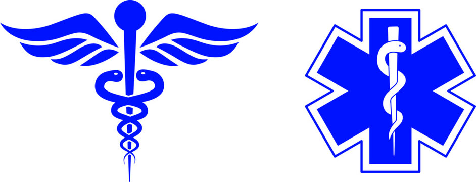 Blue Caduceus and Star of Life medical symbols side by side, emergency response and professional healthcare icons, vector graphic elements isolated on white background