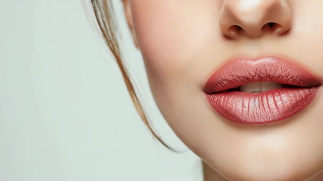 This close-up showcases a woman's face with focus on her glossy lips, which are a rosy color. Her skin tone is pale and smooth, with subtle blush on her cheeks, creating a look that is sophisticated.