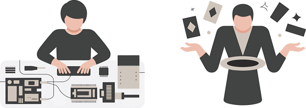 Flat design illustration of two people working on computer hardware and magic tricks