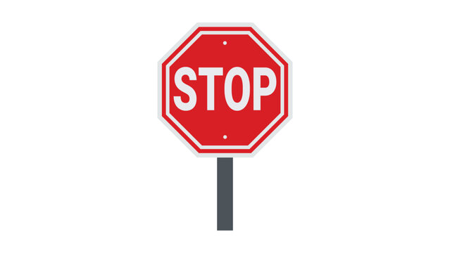 Red octagon stop sign on gray pole.