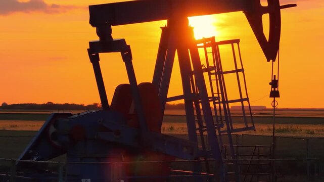 Silhouette of oil pump jack against a colorful beautiful sky with glowing clouds at sunset