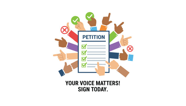 Encouraging political banner urging people to sign a petition featuring diverse hands holding checkmarks and pointing.