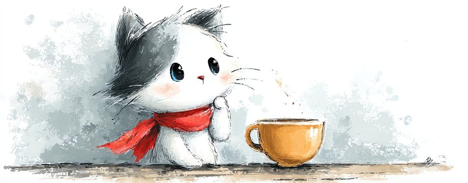 Desolate minimalist sketch art of a cartoon cat enjoying espresso