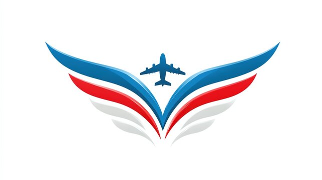 Abstract vector emblem logo of eagle wings arched upward with jet silhouette in center