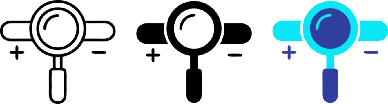 A set of three magnifying glass icons with plus and minus signs for search and zoom in and out isolated on white background