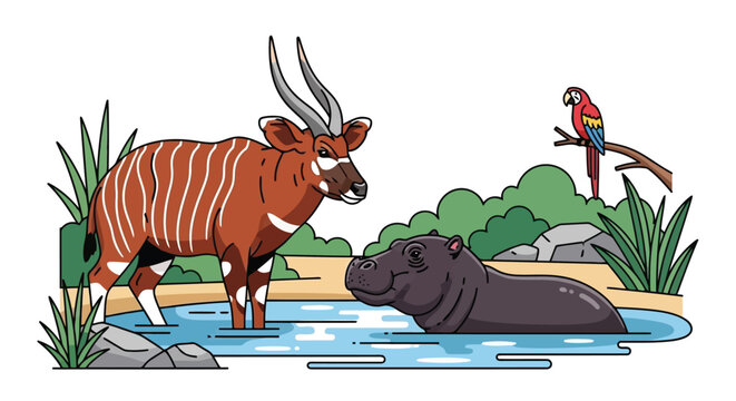 Illustration of bongo antelope and hippopotamus in natural african wetland habitat