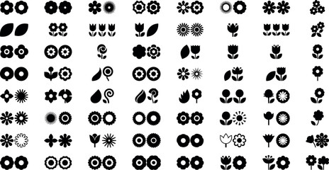 Obraz premium Minimalist Black Flower Silhouette Icon Set with Floral Elements and Nature Symbols for Logo Design, Branding, Patterns, and Decorative Graphics Vector