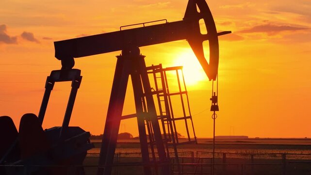 Silhouette of oil pump jack against a colorful beautiful sky with glowing clouds at sunset, high voltage electric pole in background