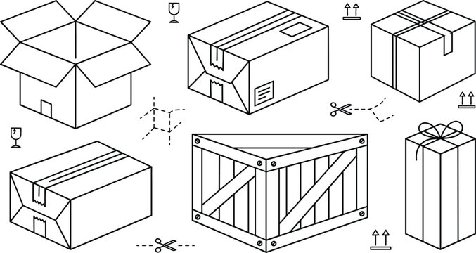 Cardboard box and shipping crate icons set with parcel delivery packaging handling signs linear outline doodle vector sketch