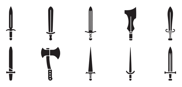 Set of ten silhouette sword and axe icons isolated on grey background for fantasy game design.