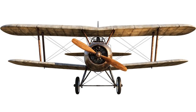 Vintage biplane airplane on display, front view, isolated on white background, nobody