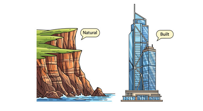 Comparison between natural rocky cliff landscape and built modern skyscraper architecture design