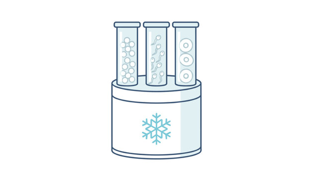 Cryopreservation concept showing eggs, sperm, and embryo test tubes stored inside a cryogenic freezing unit with a snowflake symbol.