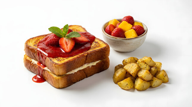  French toast sandwich with strawberry and cream cheese topped with strawberry coulis