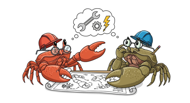 Two crabs wearing hard hats and glasses looking at blueprints in construction illustration