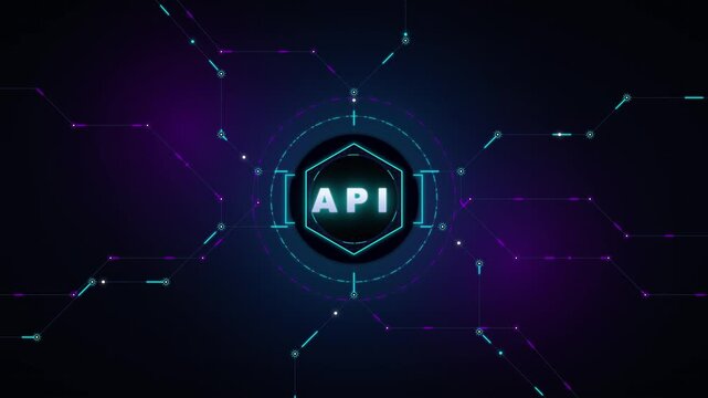 Api integration technology concept: digital network data flow and cyber security background