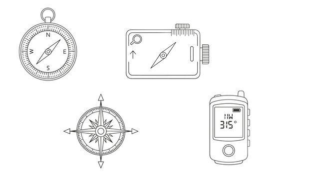 Group of classic, pocket, and digital sighting compasses indicating direction and location on a white background.