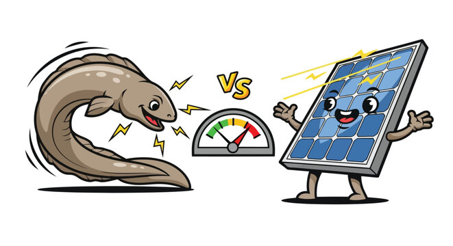 Electric eel versus solar panel power generation concept illustration
