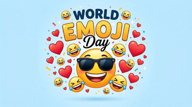 World emoji day banner with cool sunglasses smiley and hearts