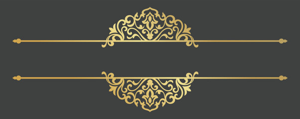 Fototapeta na wymiar Classic royal gold ornament line frame design on black backdrop