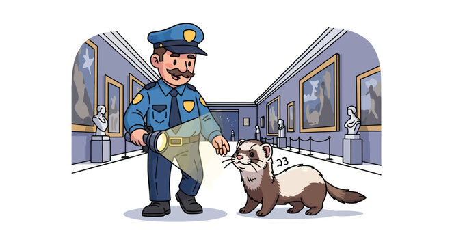 Police officer using flashlight to inspect ferret in art museum gallery