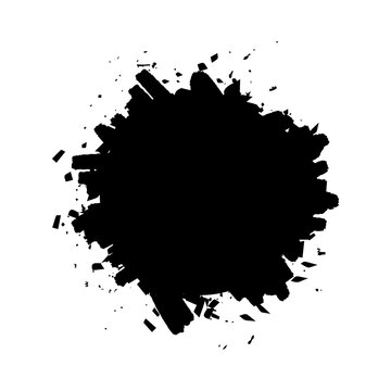 Black Ink Splatter Blot Stain, Grunge Paint Splash Circle with Scattered Specks Background Design