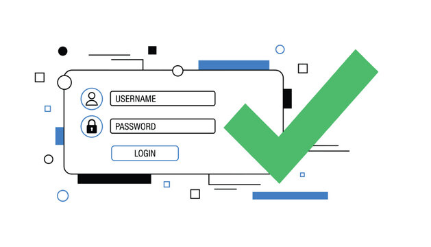 Secure login panel template with input fields and a large green checkmark representing successful authentication.