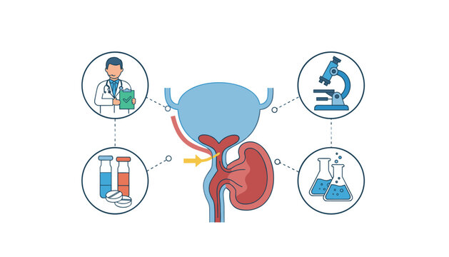 Prostate gland and urinary bladder anatomy with clinical icons representing medical treatment and lab diagnostic.