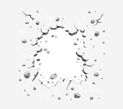 Cracked Wall Hole with Flying Debris, Broken Concrete Crater with Stones for Damage Design Effect