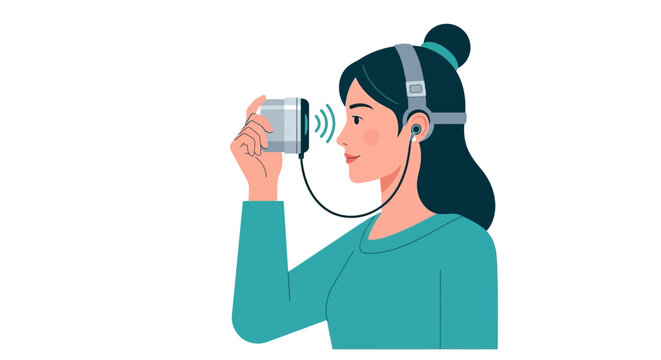 Woman Using Advanced Eye Tracking and Retinal Scanning Device, Flat Illustration of Futuristic Assistive Technology and Biometric Interface