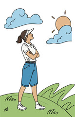 Fototapeta premium A woman in a visor and shorts stands on a grassy hill, looking up at the sky with clouds and sun.