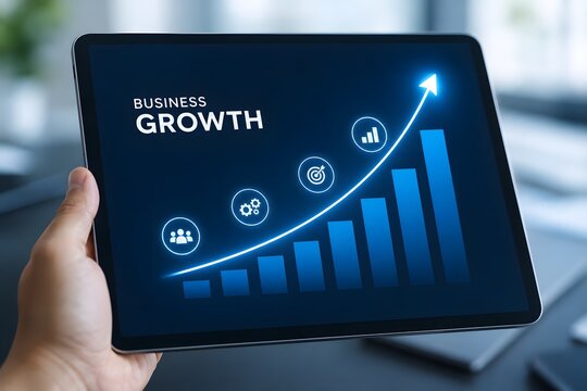 A tablet displaying a chart with BUSINESS GROWTH for the concept of financial success and development.