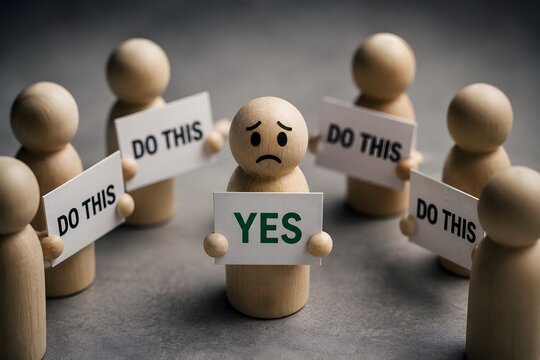 A sad figure holding a YES sign surrounded by figures holding DO THIS signs, depicting a scenario of forced compliance and disagreement.
