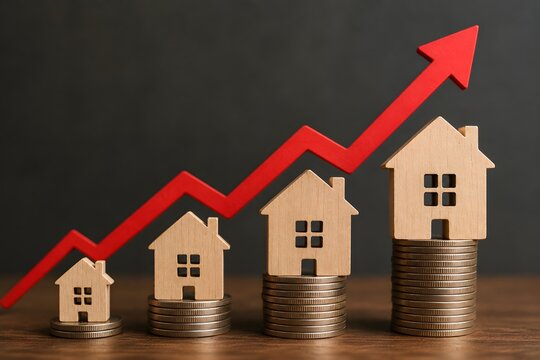 Increasing real estate value represented by a graph with houses and coins for the concept of housing market growth.
