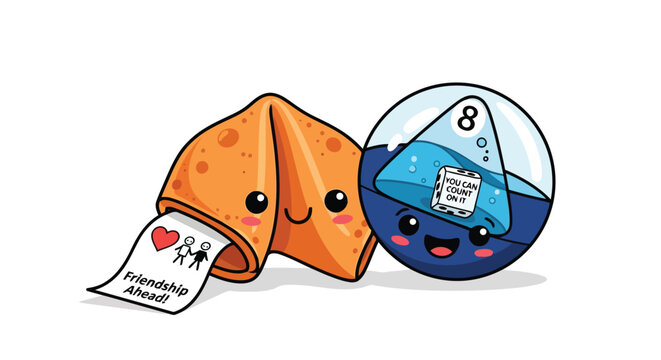 Happy fortune cookie and magic eight ball characters showing friendship predictions vector art