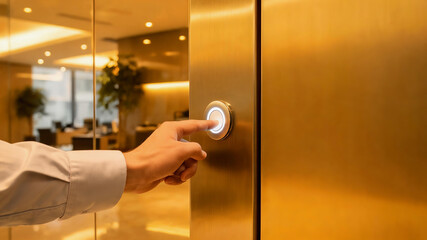 Naklejka premium Hand presses elevator call button in modern office lobby with reflective glass walls and warm lighting