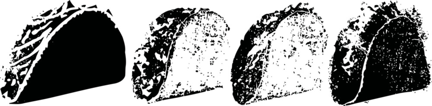 four black and white stylized taco illustrations with different shading patterns