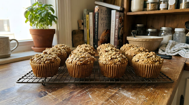 homemade oatmeal hot muffins cooling on grid