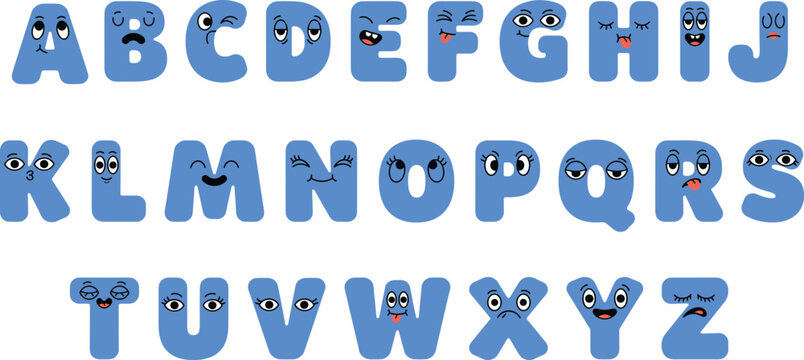 Alphabet letters A to Z with cartoon faces, expressive emotions and playful educational typography vector illustration design