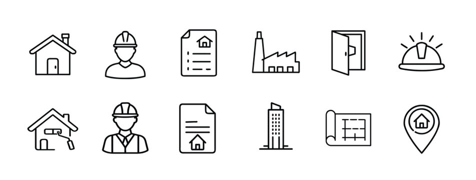 House construction architecture building engineer web line icons set real estate home property factory skyscraper blueprint map pin contractor worker & more with editable stroke