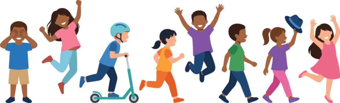 Cartoon children playing activities with scooter, jumping, dancing, running, and fun poses in colorful joyful vector illustration design