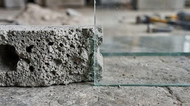 Clear glass pane standing vertically next to a rough grey concrete cinder block contrasting fragile transparency with heavy industrial building materials