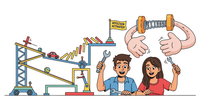 Young couple using tools to assemble complex domino effect physics machine for fun project