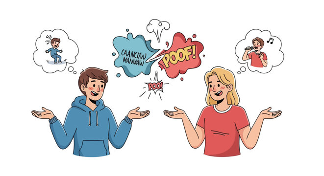 Two young people looking confused while discussing random thoughts and ideas